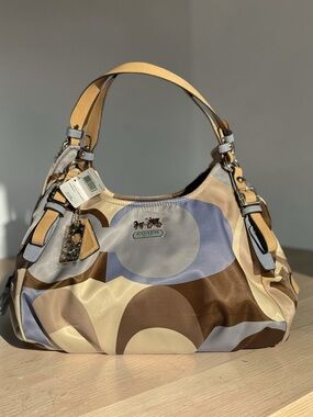NWT Coach 9773 Charlie Scarf Print Hobo Bag Almond Neutral Blue Satin Leather